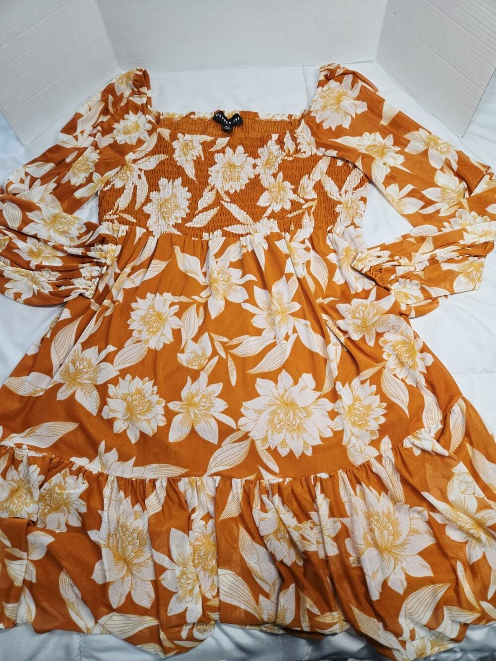 Harper 241 Plus XL White & Coral Leaf Print Dress Boho Retro Indie Paysley Fairy